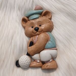 Golfing Bear Wall Hanging Plaque 1992 Burwood Golf Decor Vintage 90s 1990s blue